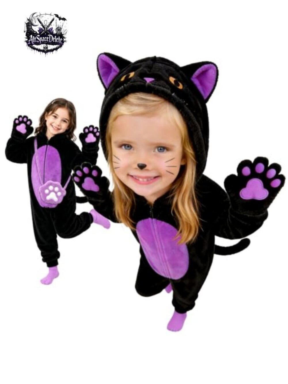 Girls Black Cat Halloween Costume with Candy Purse Flannel Zip-Up